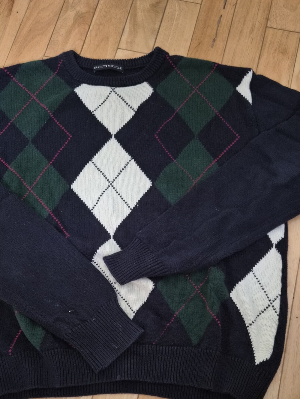 Brandy Melville Girls Navy Argyle Crewneck Sweater